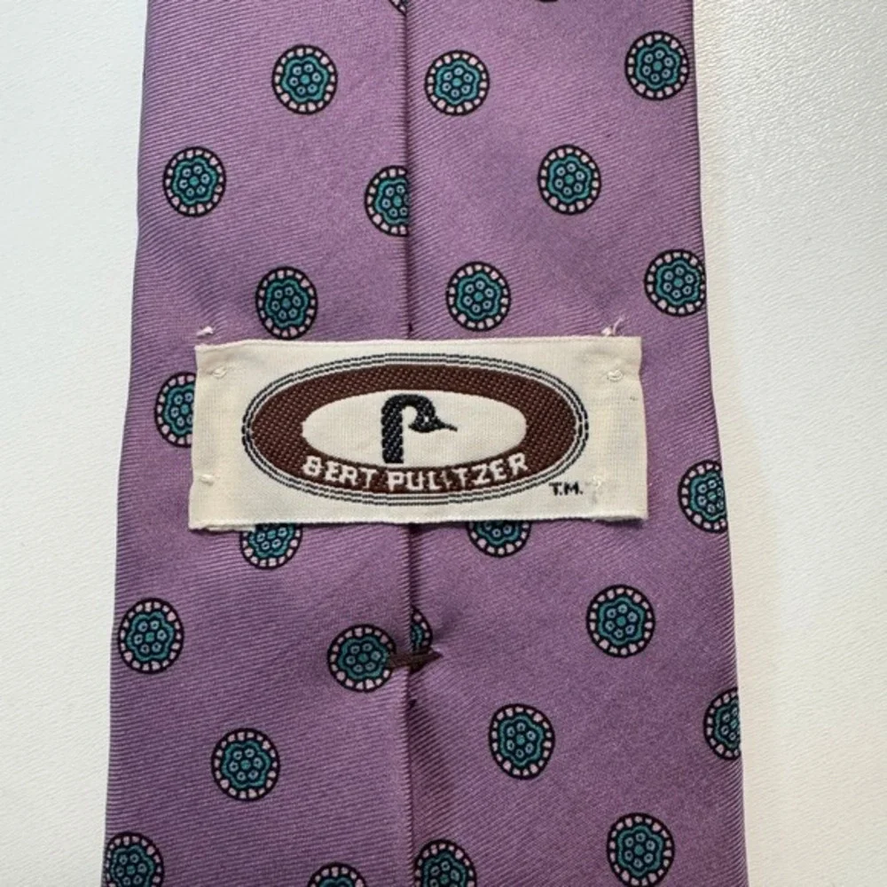 VTG‎ 80s Bert Pulitzer Tie Purple Teal Medallion Silk Foulard Hand Printed USA